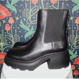 Zara Black Leather Chunky Heel Elastic Gore Platform Square Toe Boots 39